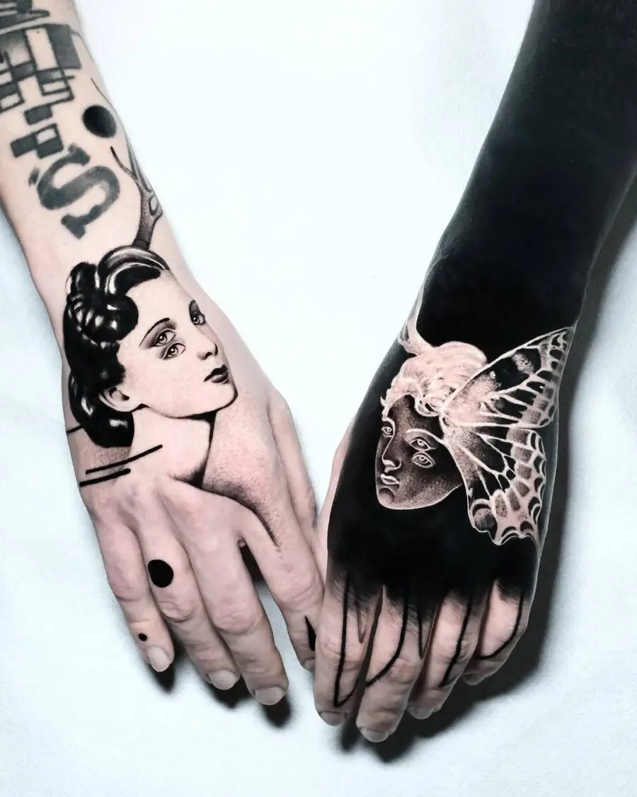Elegant vintage-inspired tattoo designs on hands