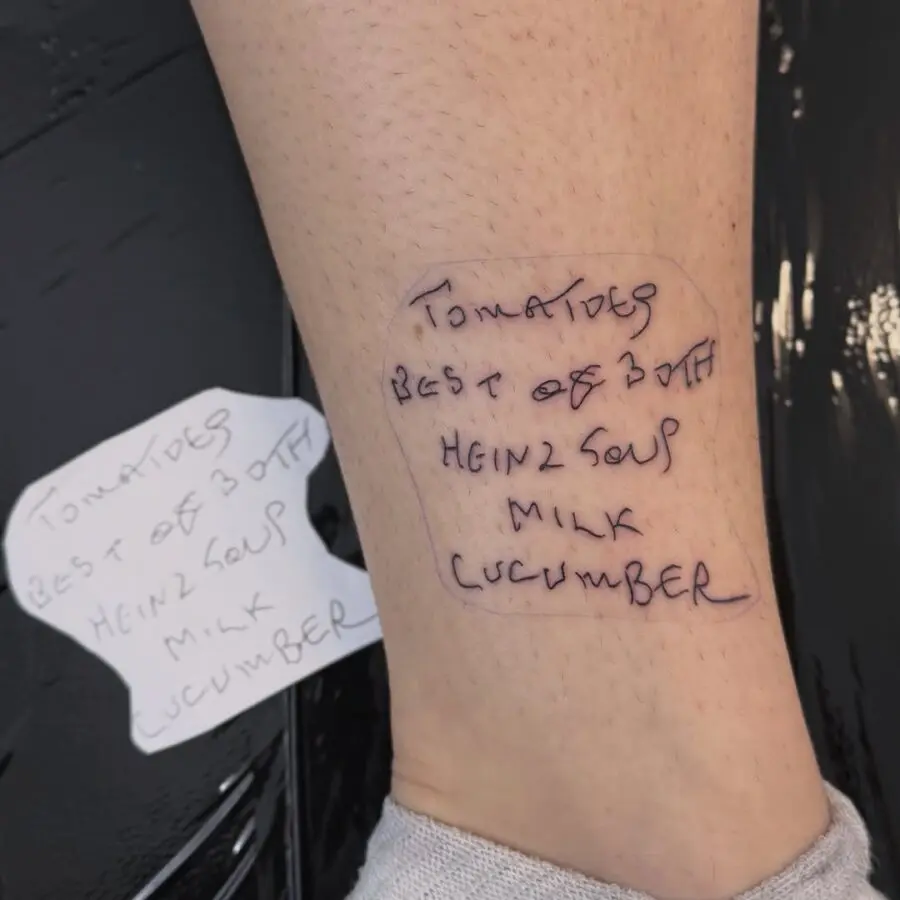 Handwritten tattoo with food-themed items
