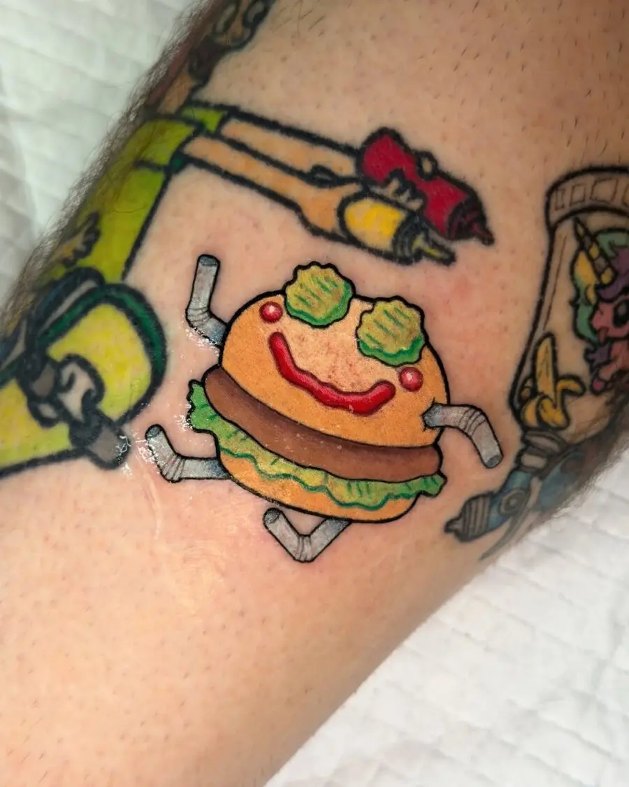 Playful burger tattoo with a cheerful vibe