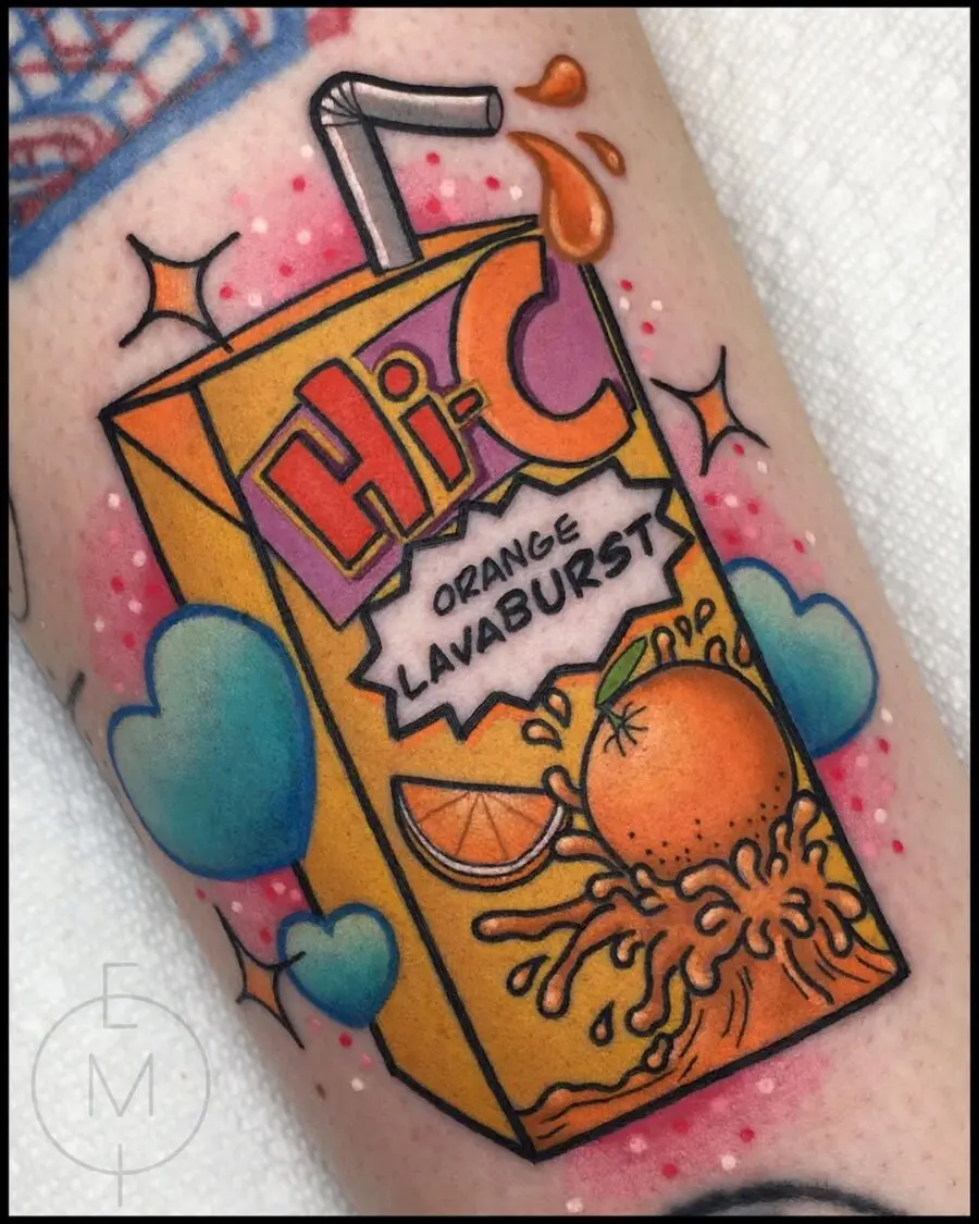 Vibrant Cartoon-Style Juice Box Tattoo