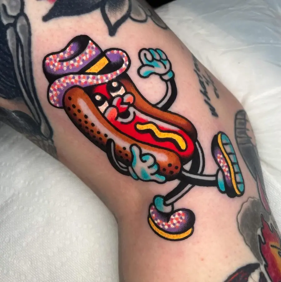 Whimsical hot dog character tattoo with vibrant colors