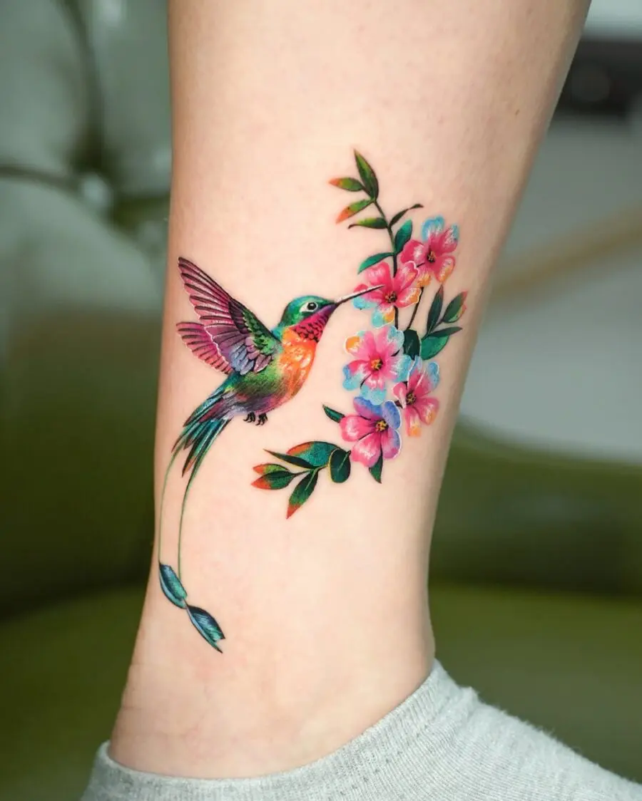 Vibrant hummingbird tattoo with floral accents