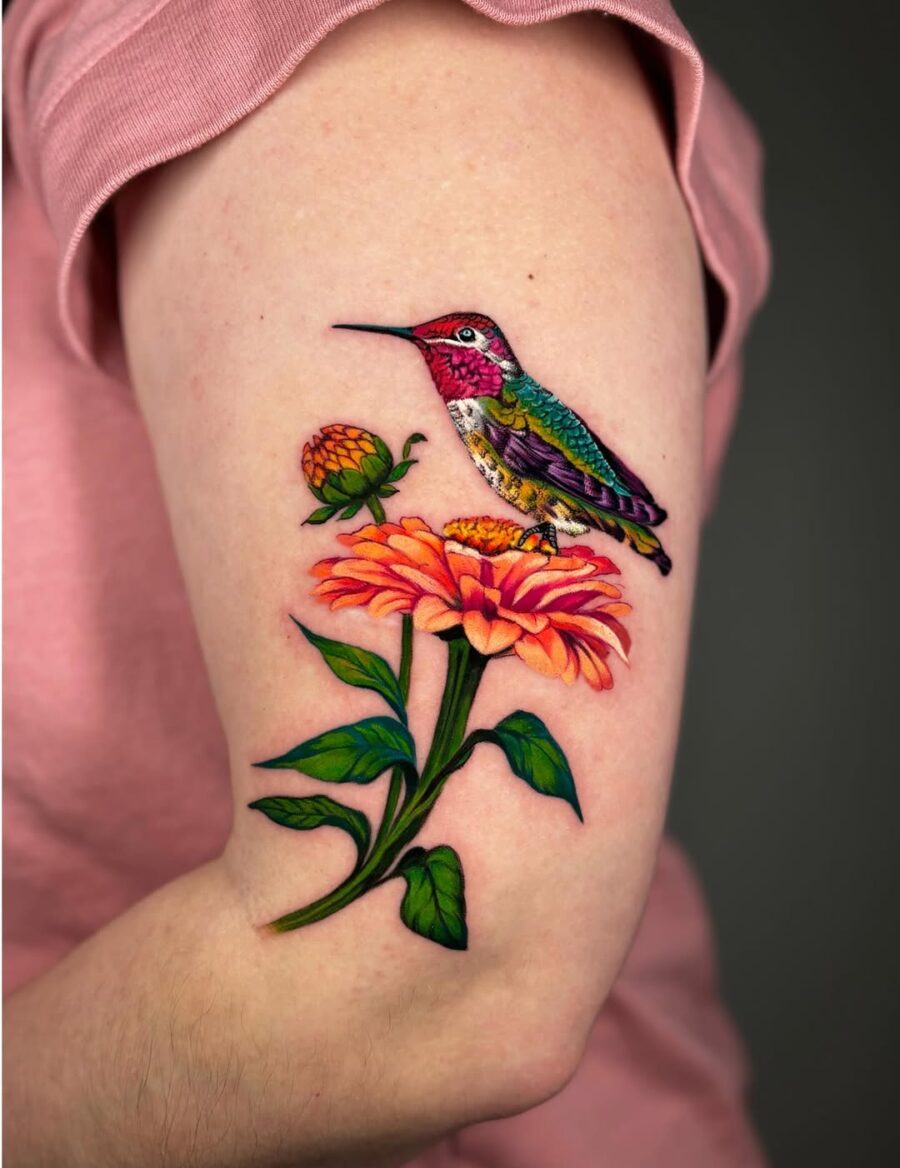 Colorful Hummingbird and Zinnia Tattoo Design