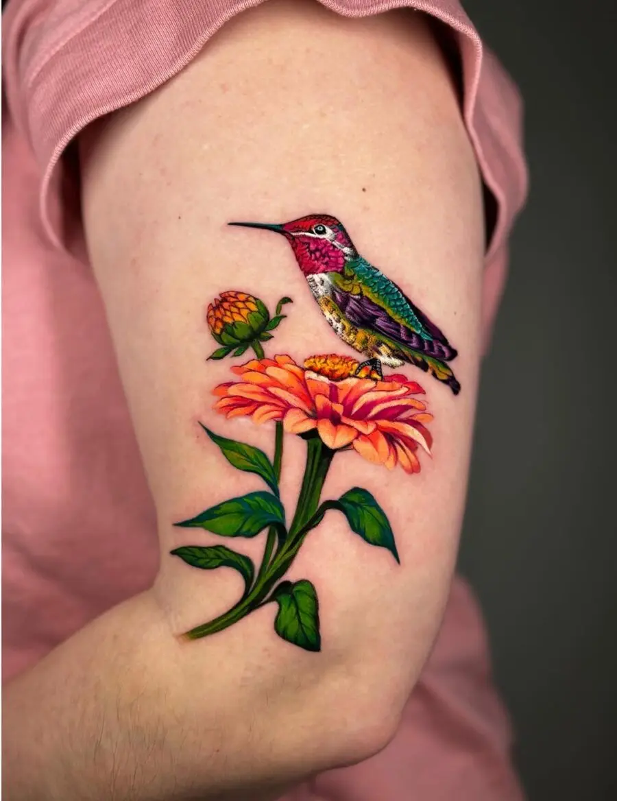 Colorful Hummingbird and Zinnia Tattoo Design