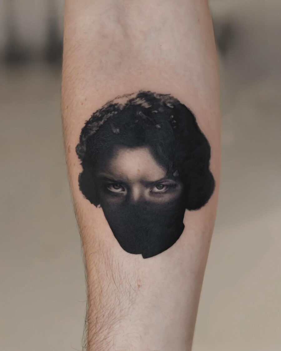 Unique hyper-realistic face mask tattoo design