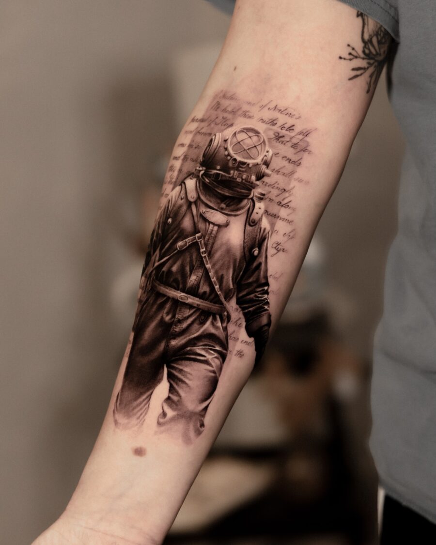 Stunning Diver Tattoo with Lyrical Background