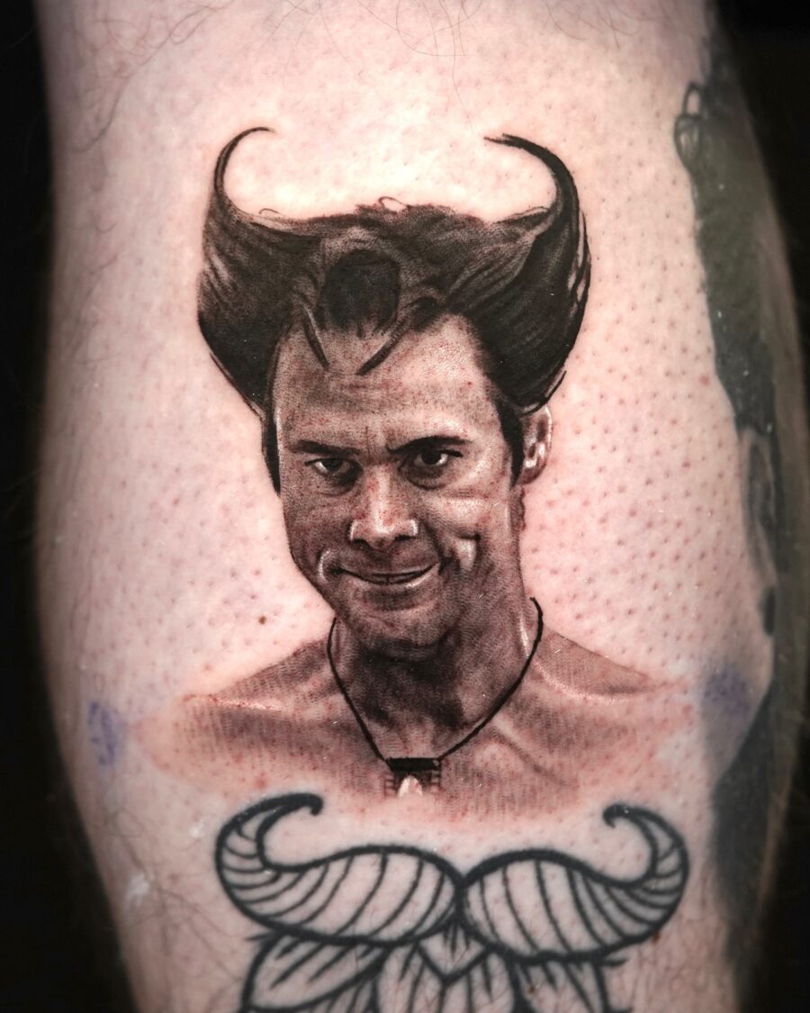 Detailed portrait tattoo of a playful character