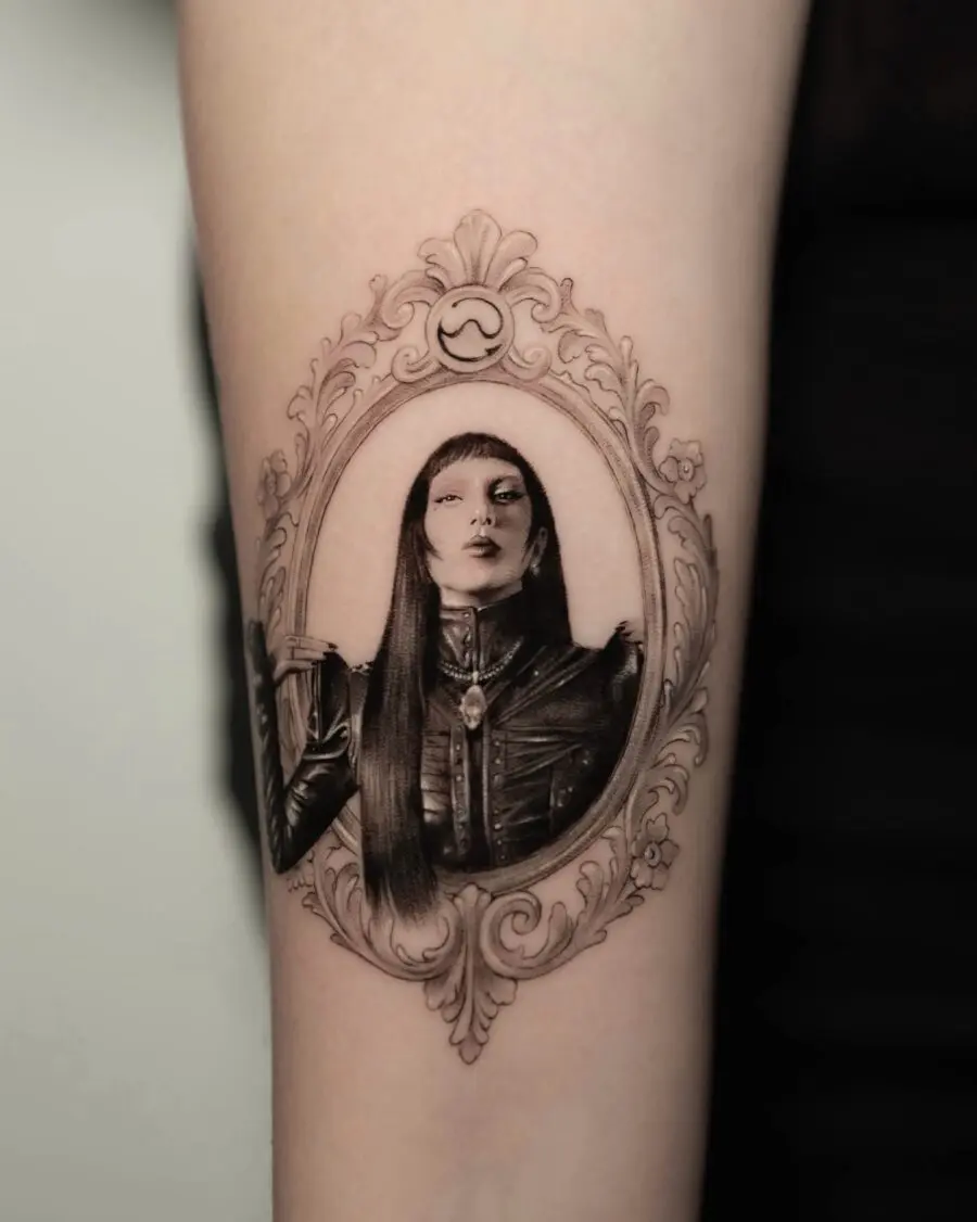 Stunning woman captured in ornate tattoo frame