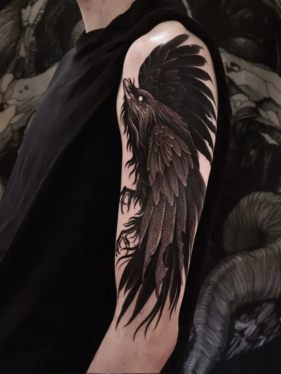 Stunning raven tattoo showcasing intricate details