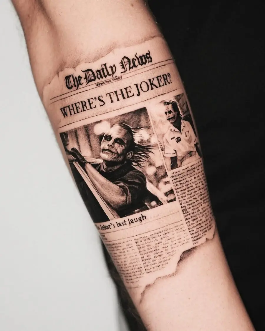 Intriguing Joker tattoo resembling a newspaper article