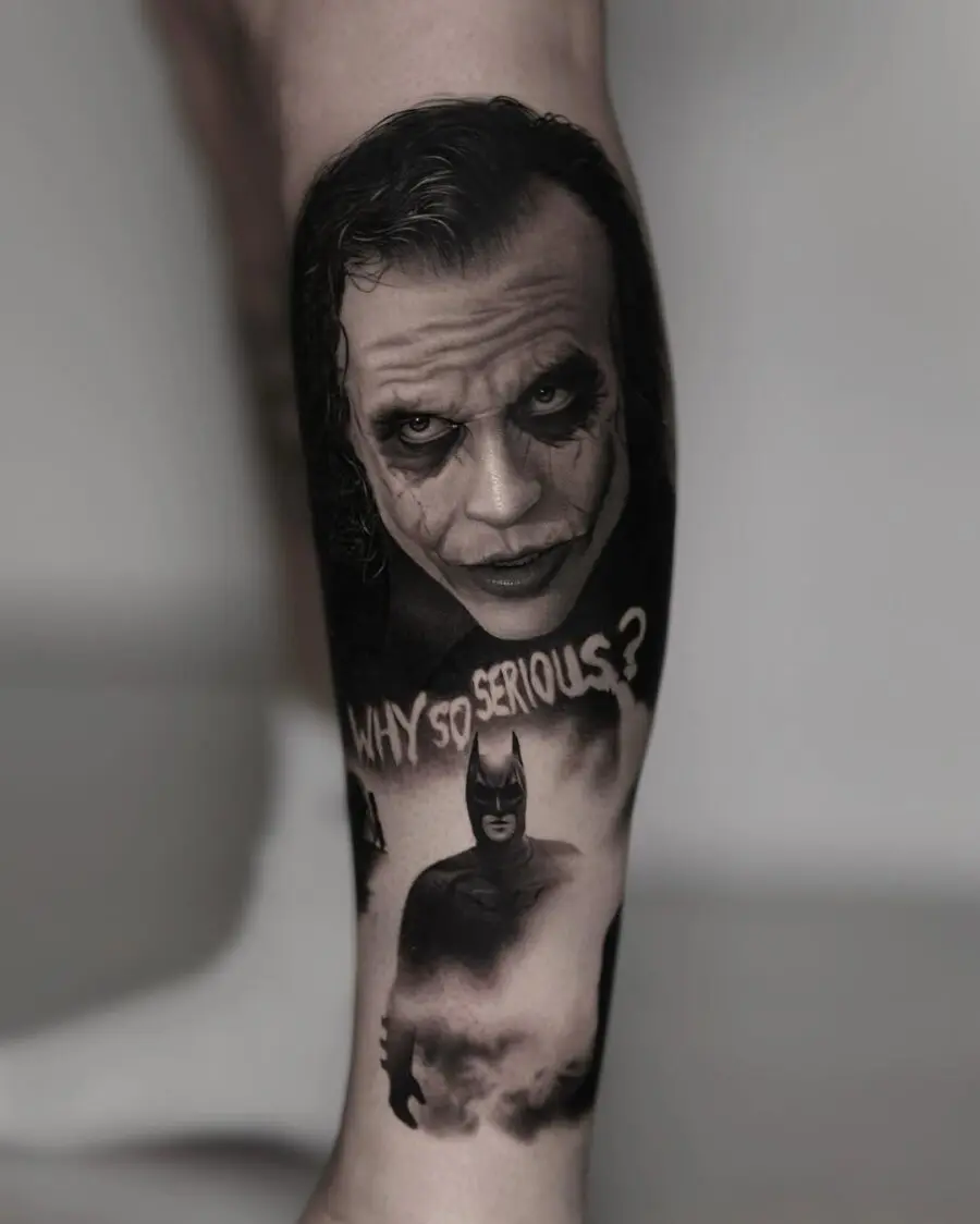 Striking Joker-themed leg tattoo with Batman
