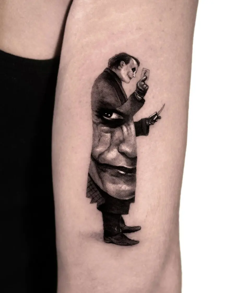 Intricate Joker Portrait Tattoo with Depth