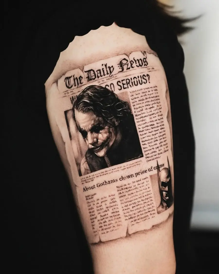 Intriguing Joker Tattoo with Newspaper Design