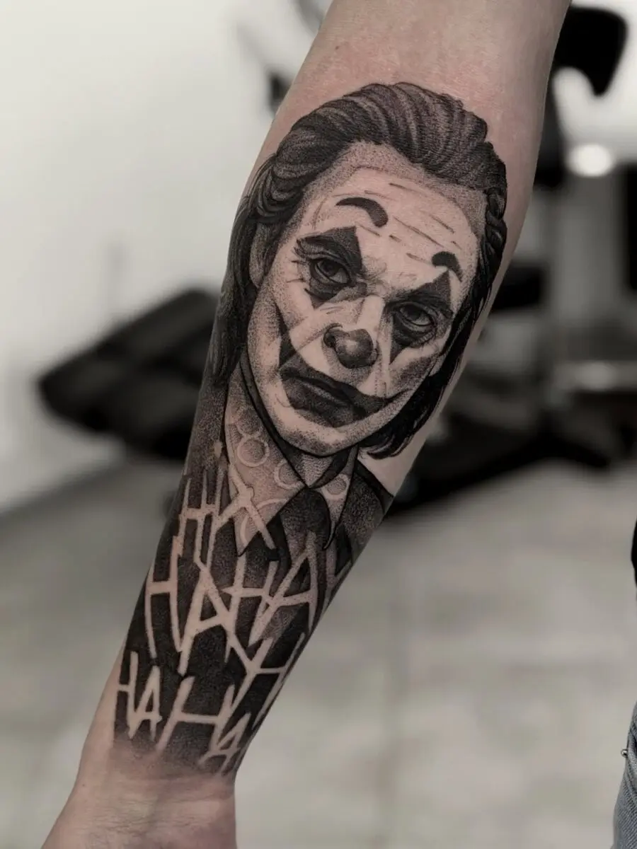 Intricate Joker Tattoo with Ha Ha Background