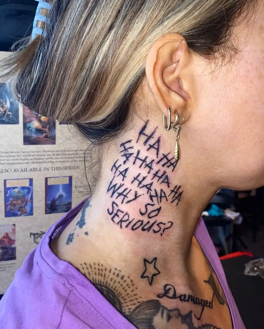 Playful and Dark Joker-Inspired Neck Tattoo