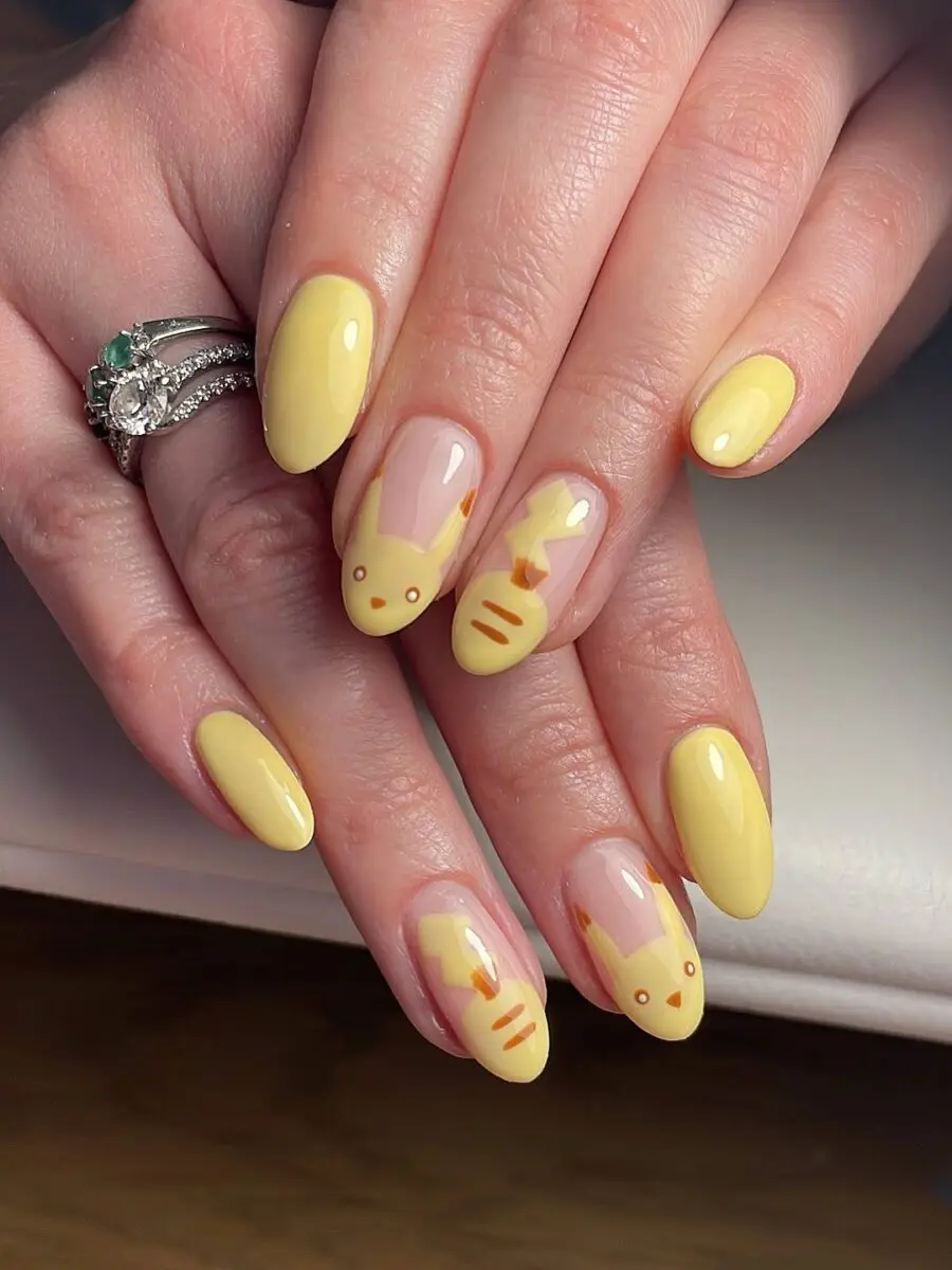 Cute Pikachu-Inspired Yellow Kawaii Nails