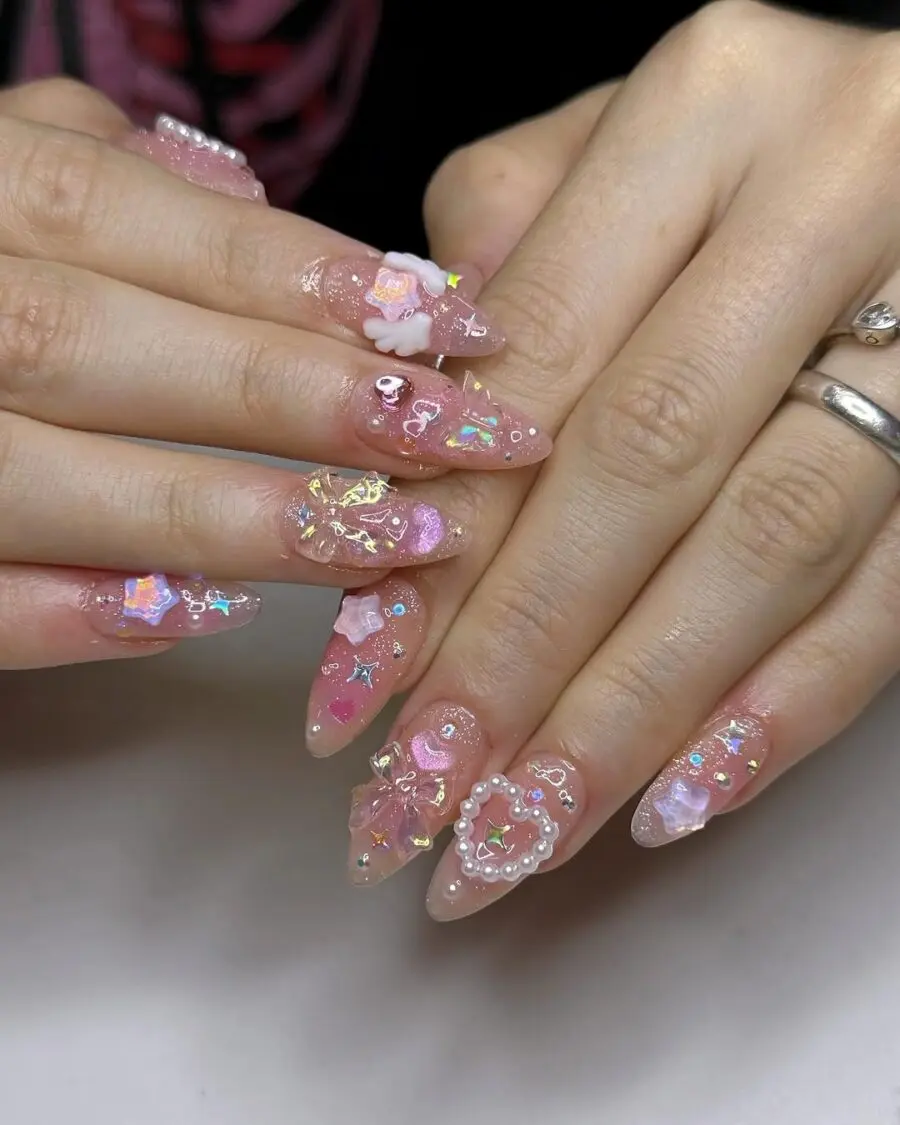 Charming pink nails with playful floral designs