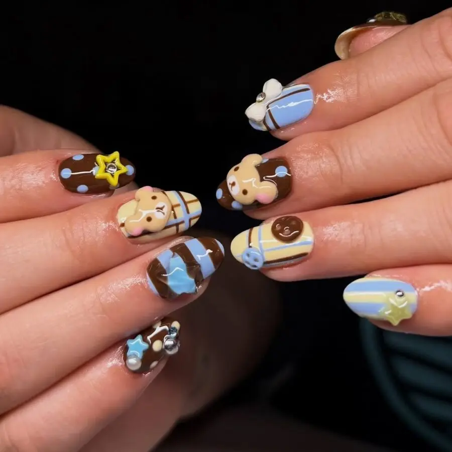 Adorable nails featuring cute teddy bear designs
