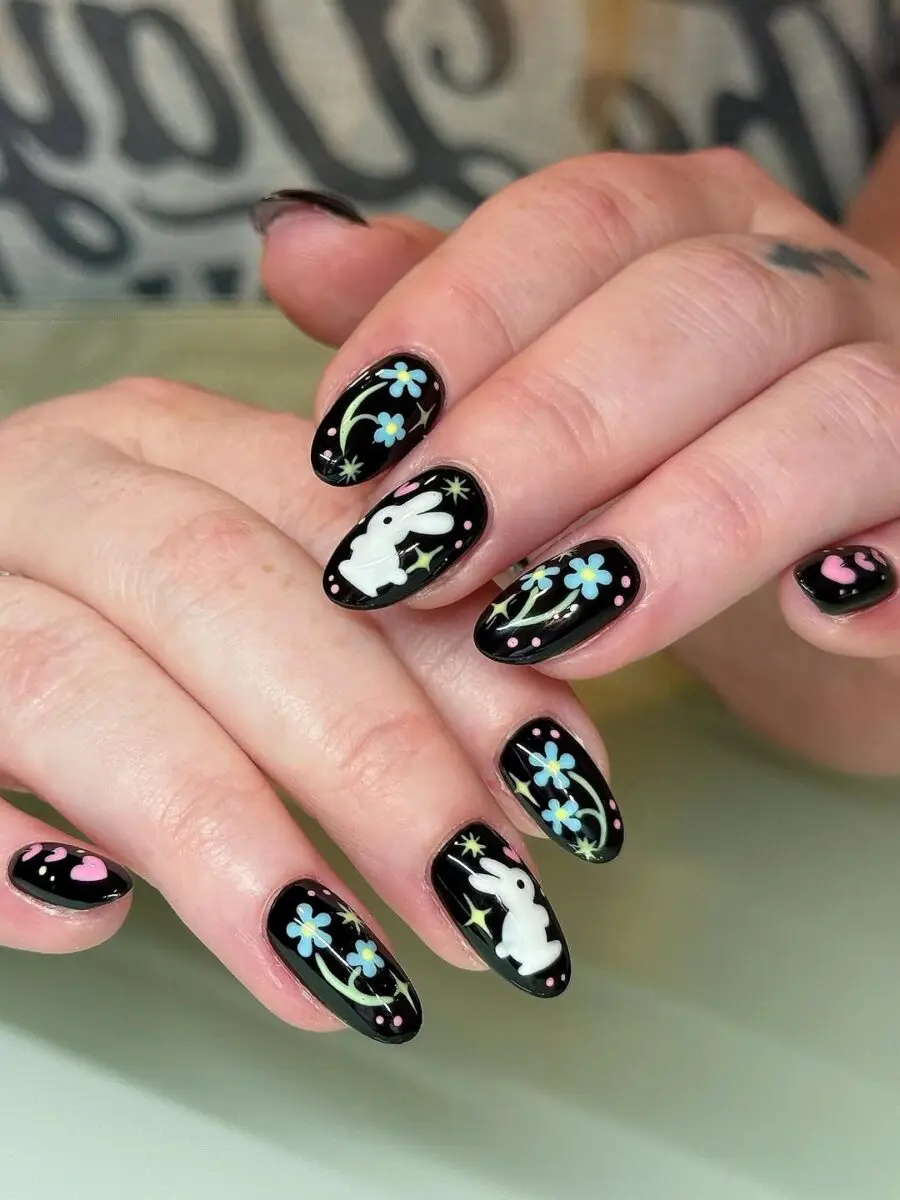 Charming Black Nails with Cute Bunny Design