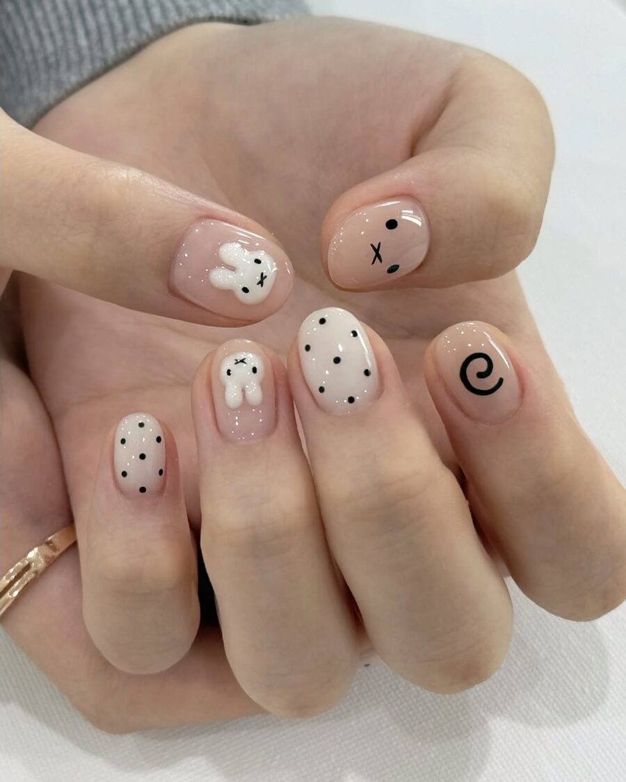 Adorable Bunny and Polka Dot Nail Art