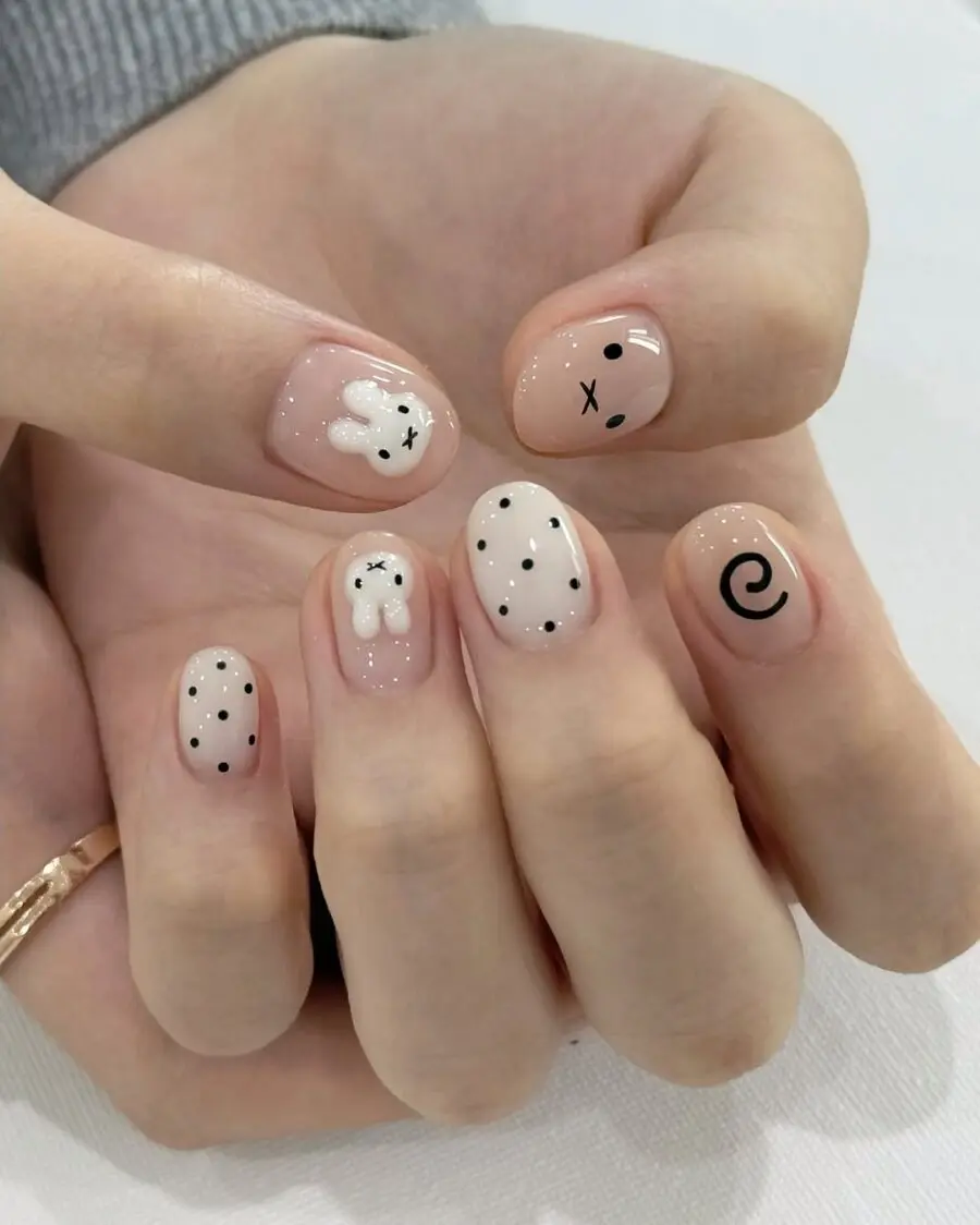 Adorable Bunny and Polka Dot Nail Art