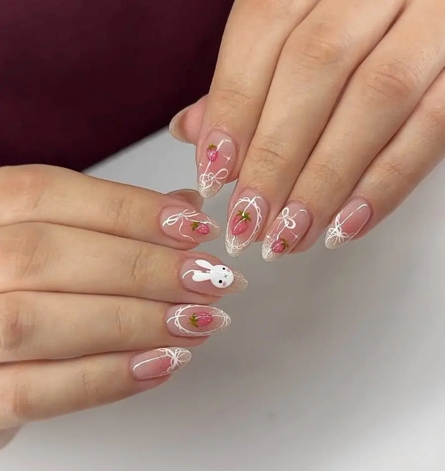Adorable bunny and strawberry nail art