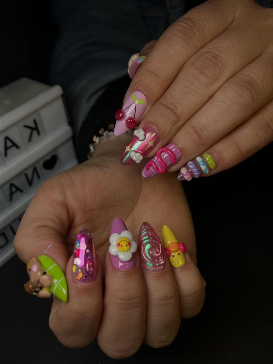 Vibrant and playful kawaii nail art design
