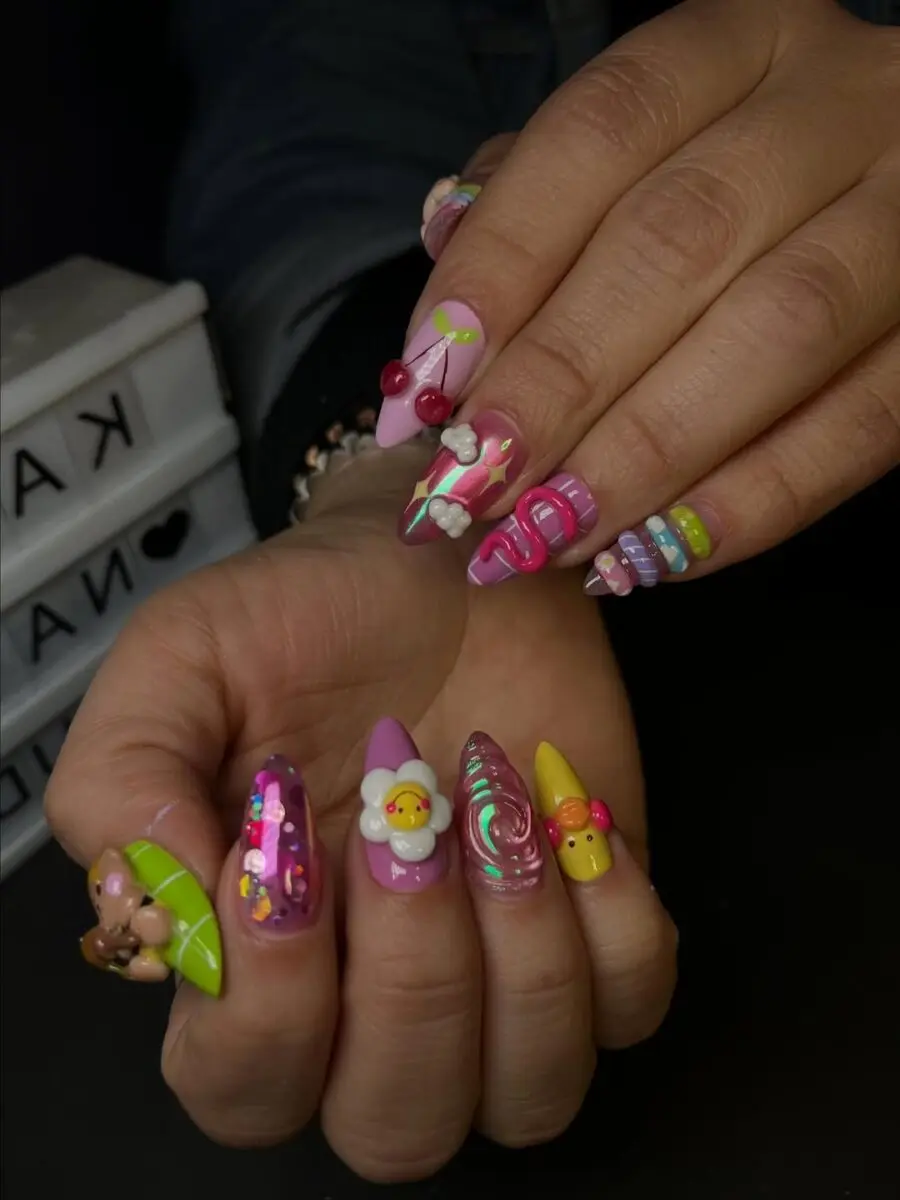 Vibrant and playful kawaii nail art design