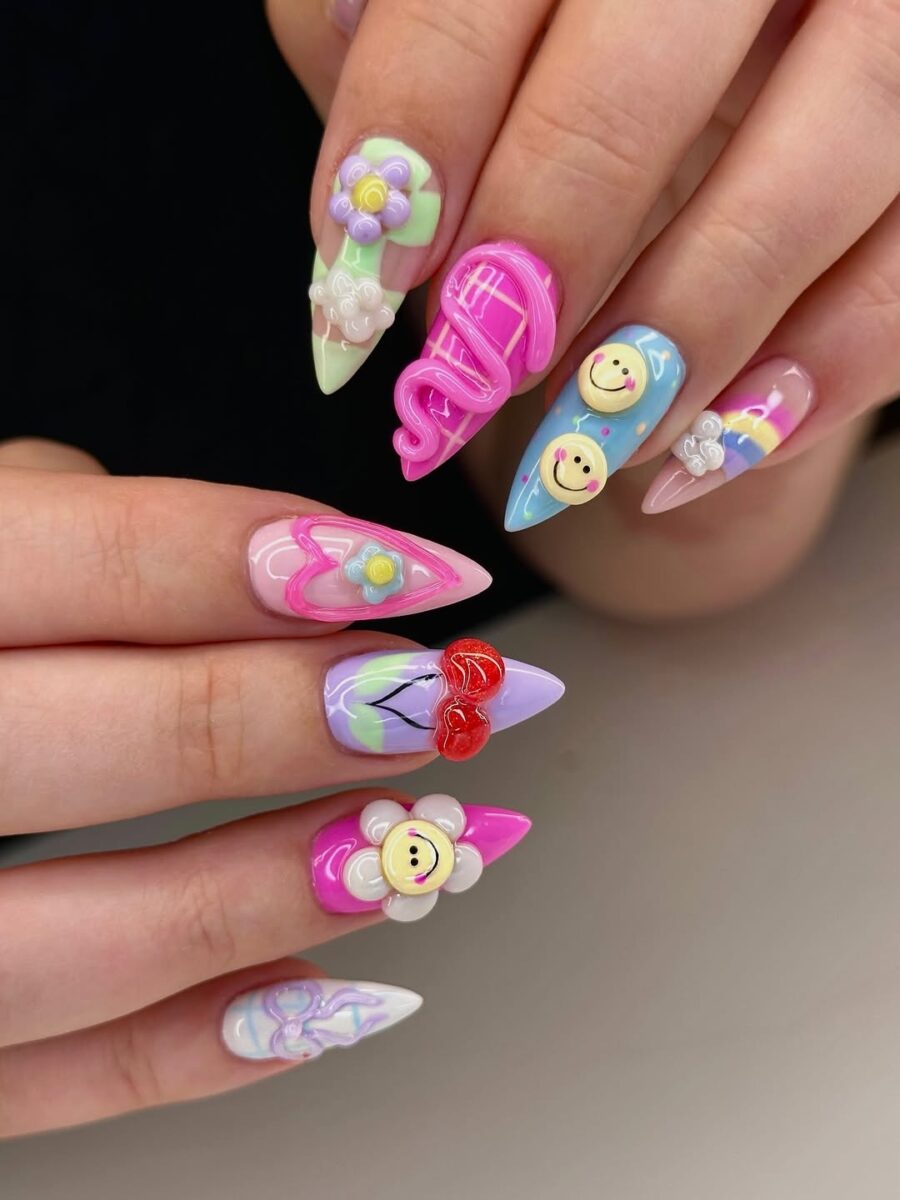 Vibrant and playful kawaii nail art.