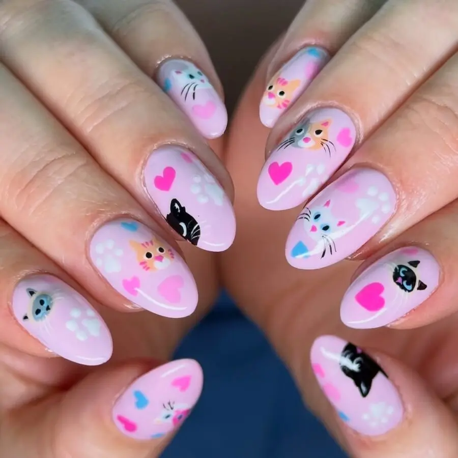 Adorable cat-themed kawaii nail art design