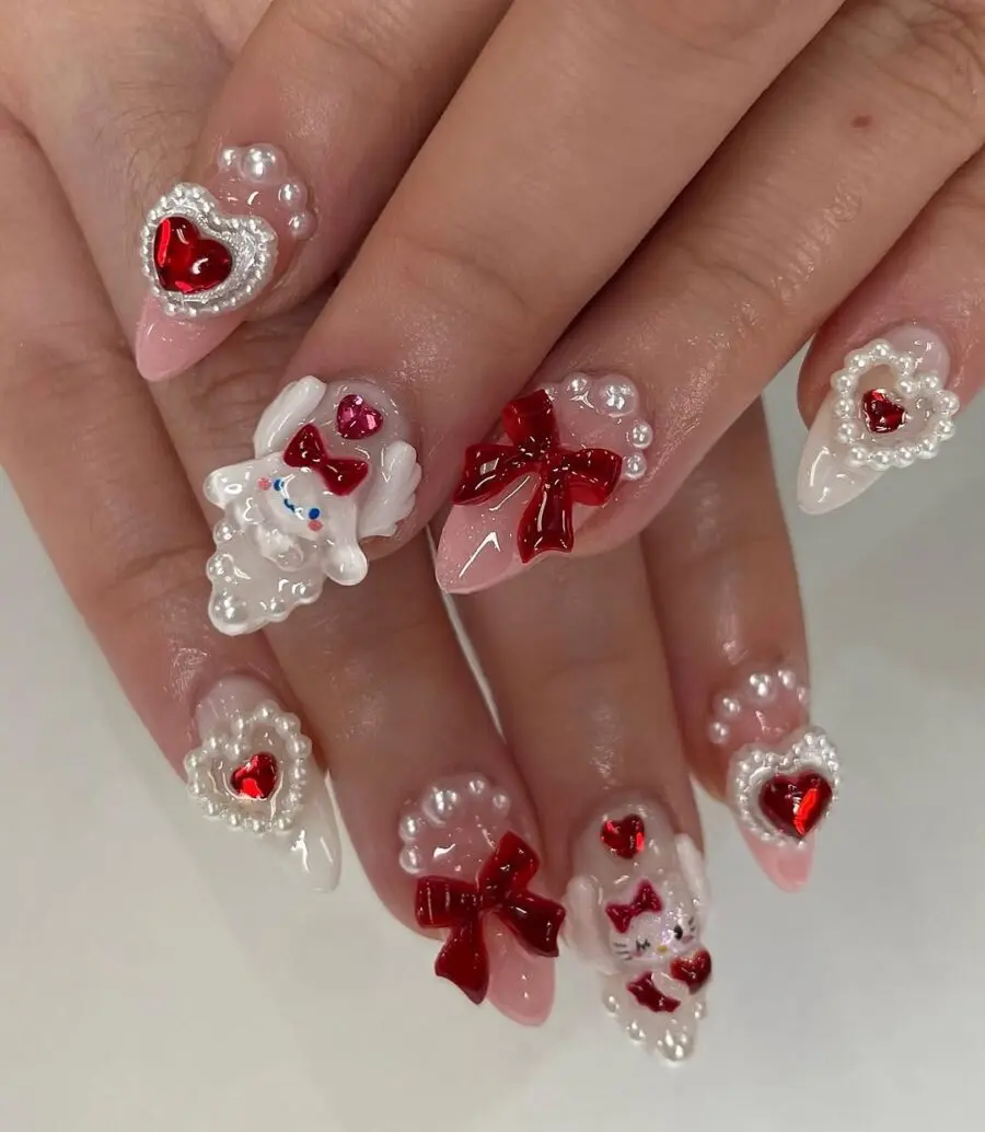 Adorable kawaii nails with bows and hearts
