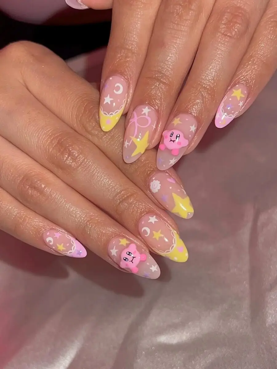 Cute Kirby-Themed Pastel Nail Art Design
