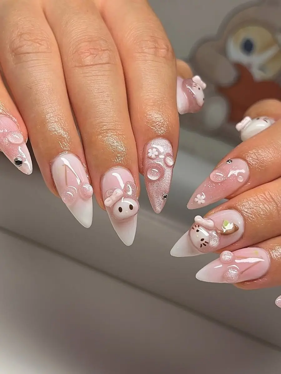 Cute bear design on sparkling pink nails
