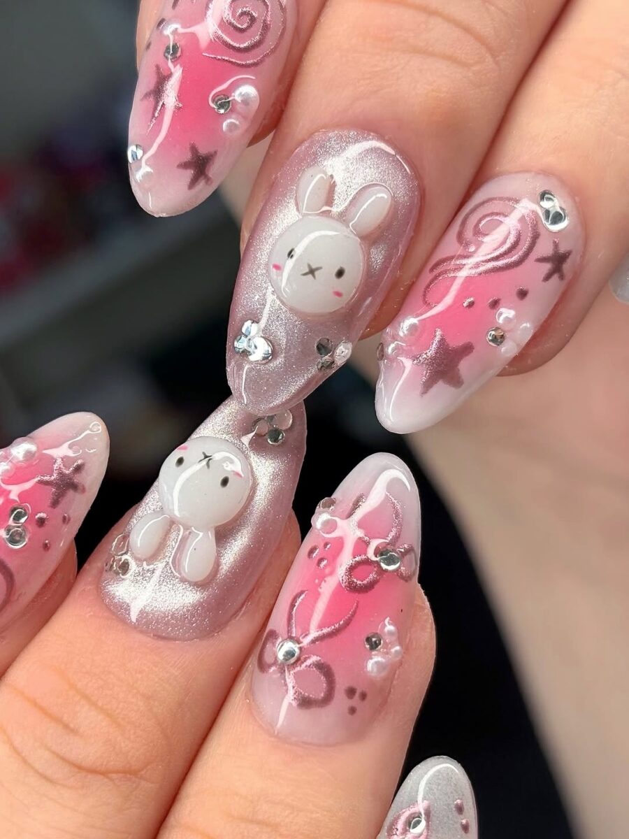 Adorable pink bunny-themed kawaii nails