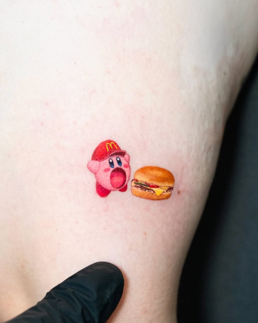 Cute Kirby with a Tasty Burger Tattoo