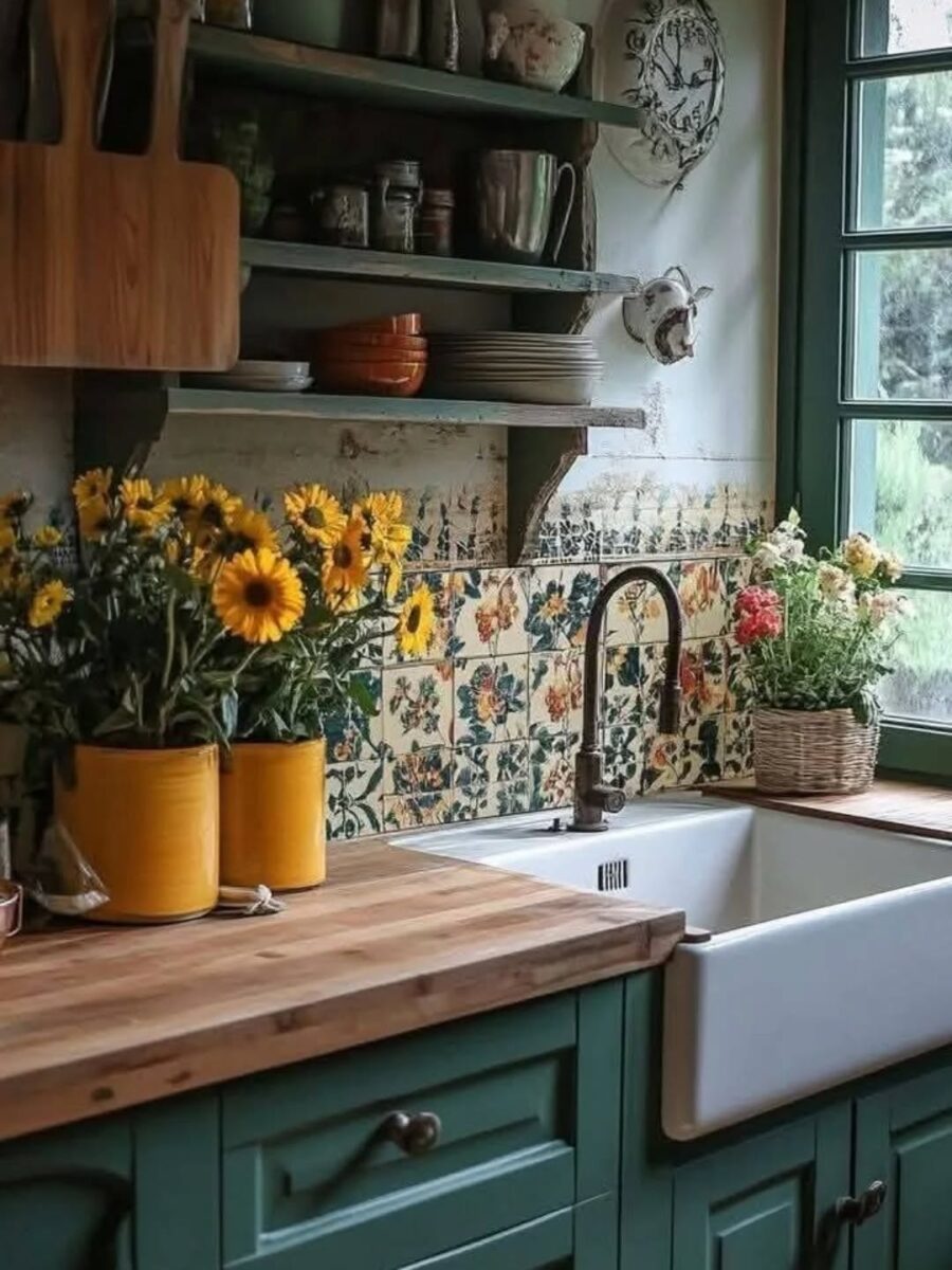 Charming farmhouse kitchen with vibrant floral accents