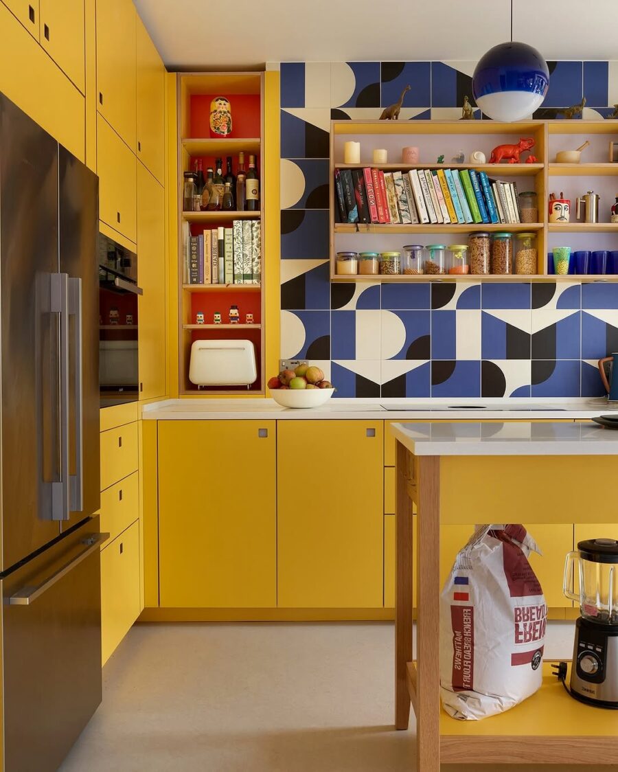Vibrant yellow kitchen with bold patterns