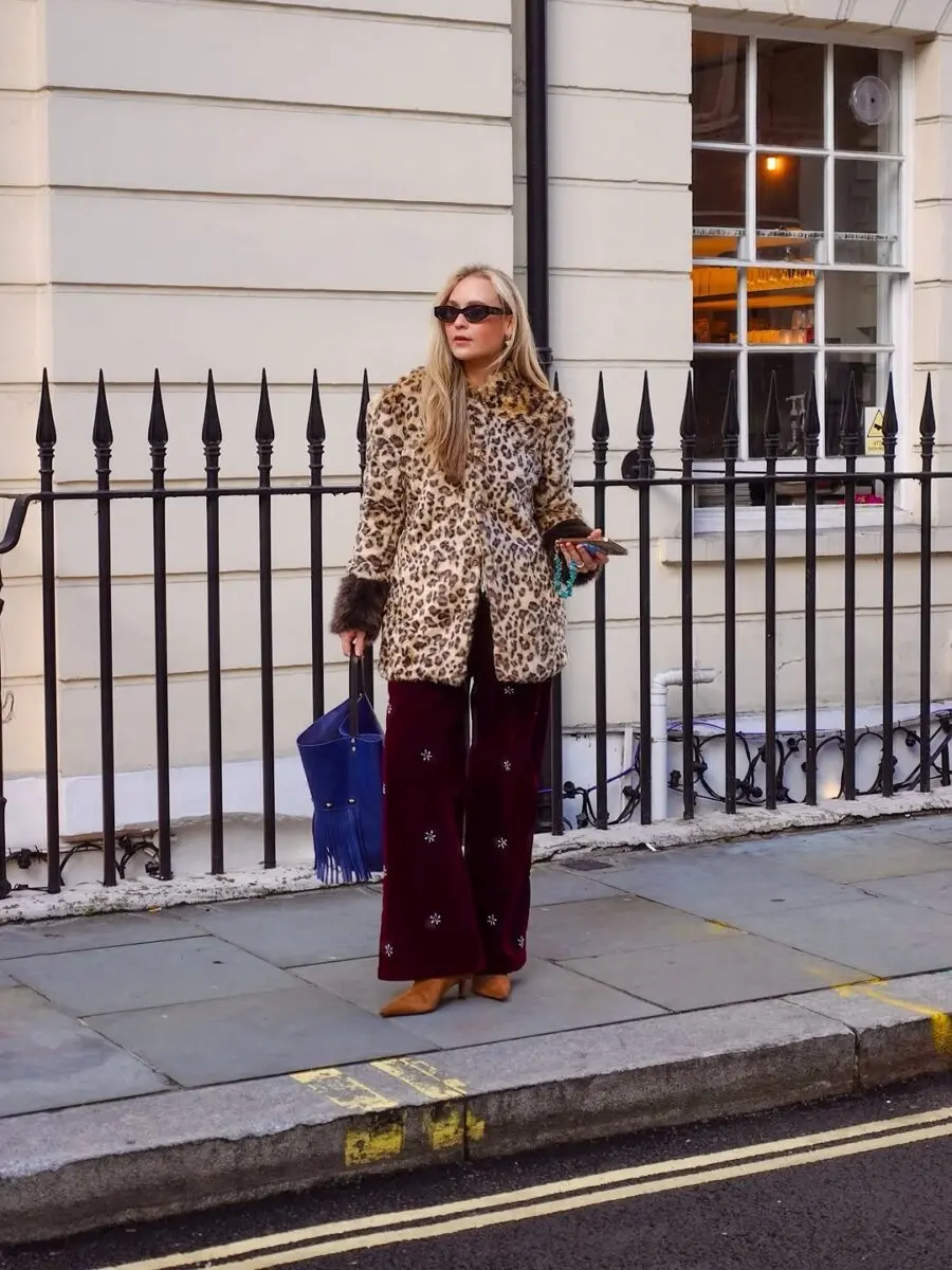 Chic Leopard Print Coat with Velvet Trouser