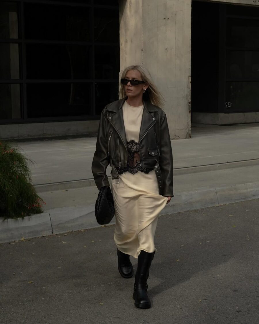 Chic Long Dress with Edgy Leather Jacket