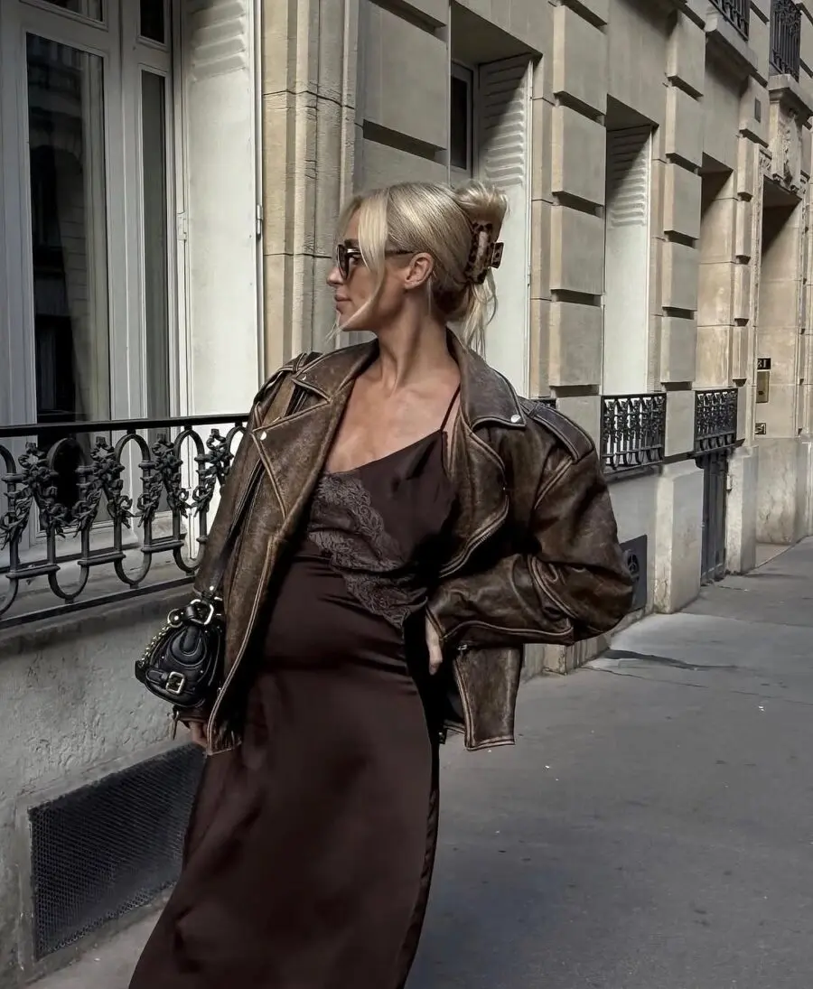 Chic Long Dress with Edgy Leather Jacket