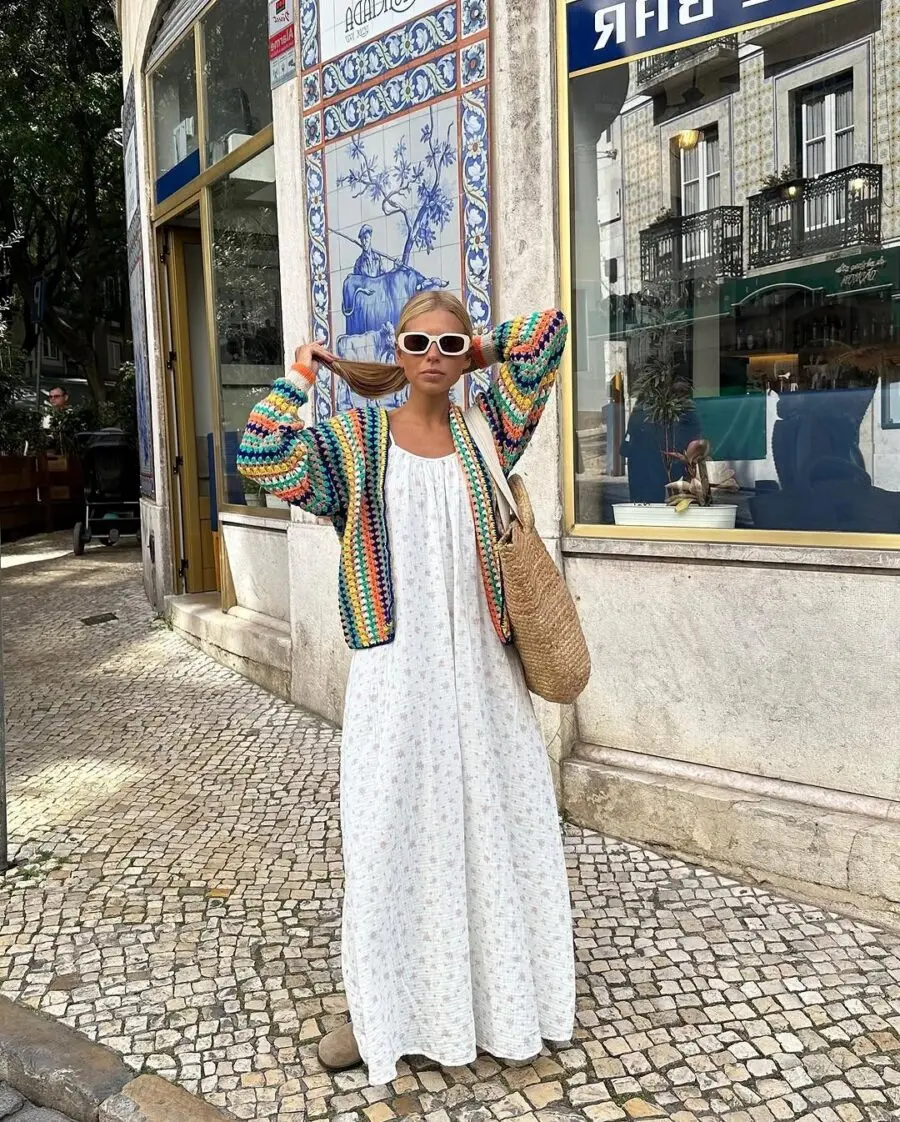 Colorful cardigan meets flowing white dress