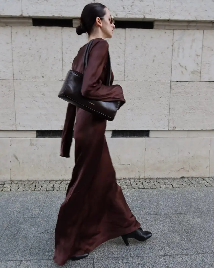 Elegant brown satin long dress for stylish outings