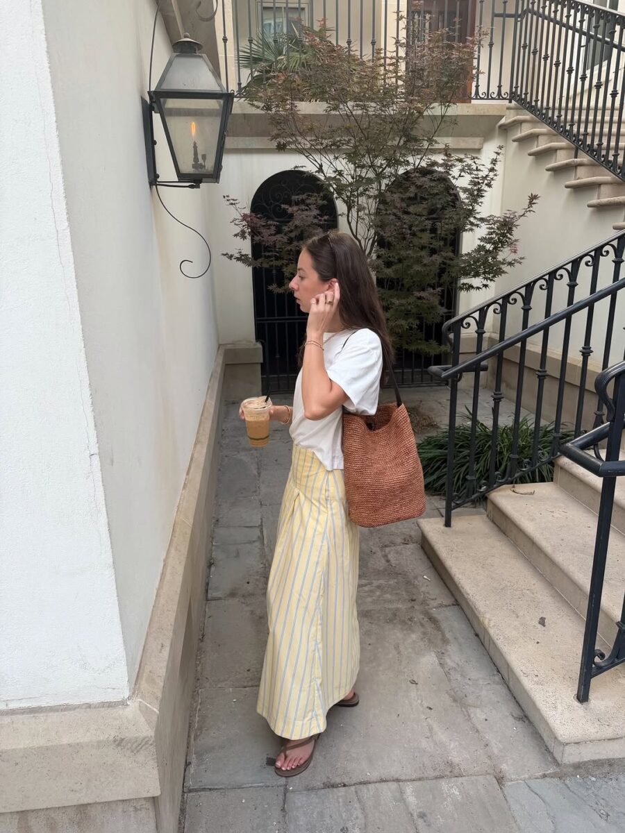 Chic casual look with a striped long skirt