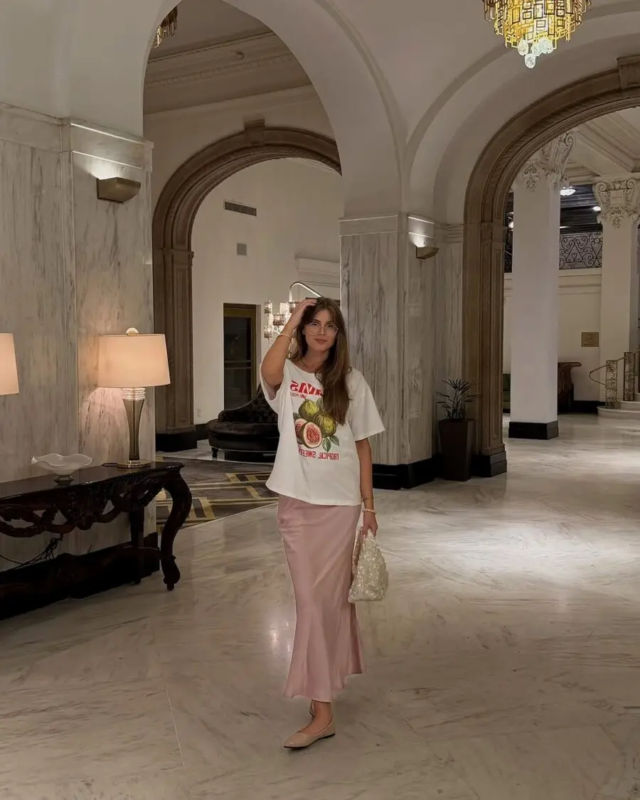 Chic Long Skirt with Casual Tee Style