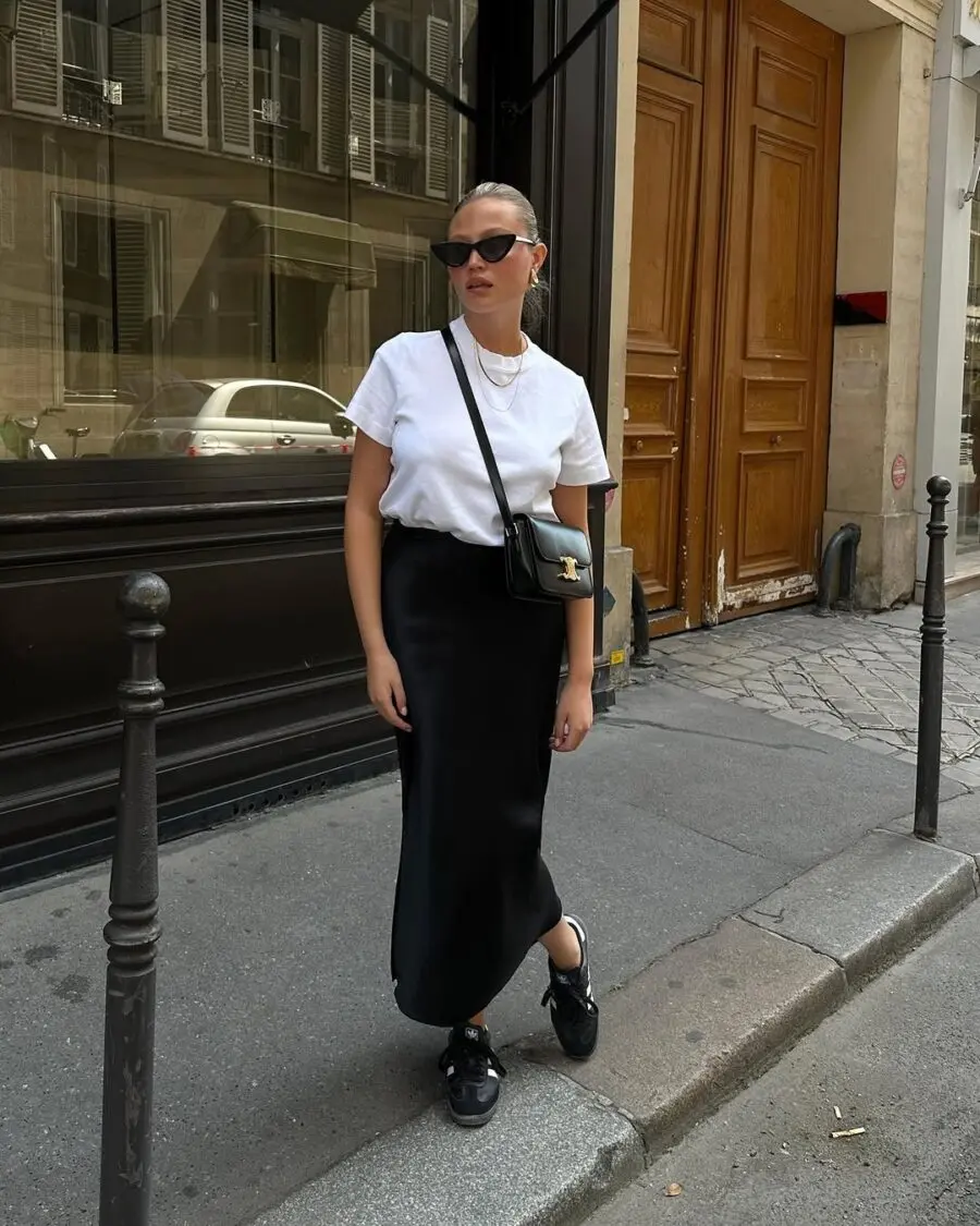 Chic Black Long Skirt with Casual Tee