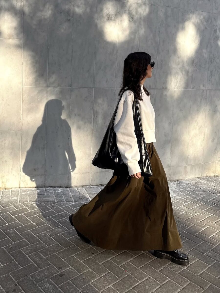 Effortlessly chic long skirt ensemble with layers