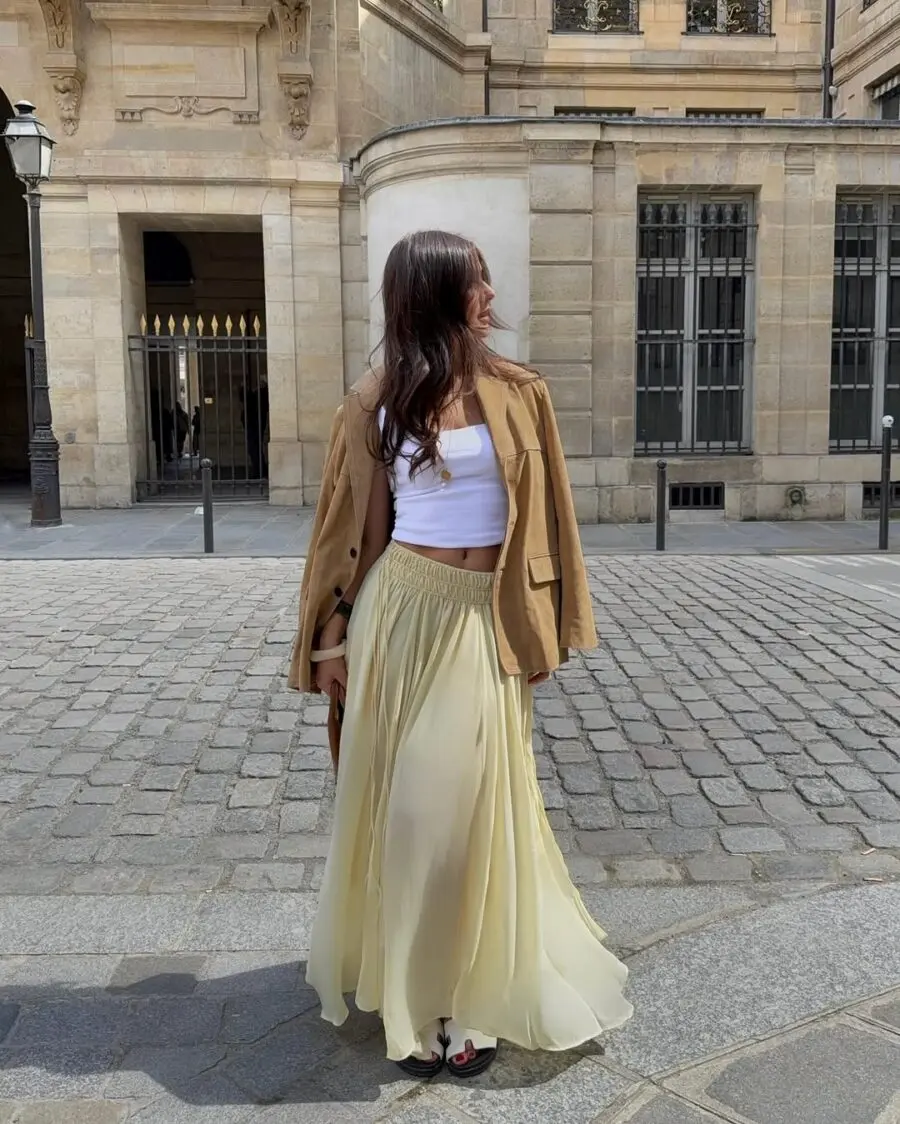 Chic Long Skirt with Casual Blazer Ensemble