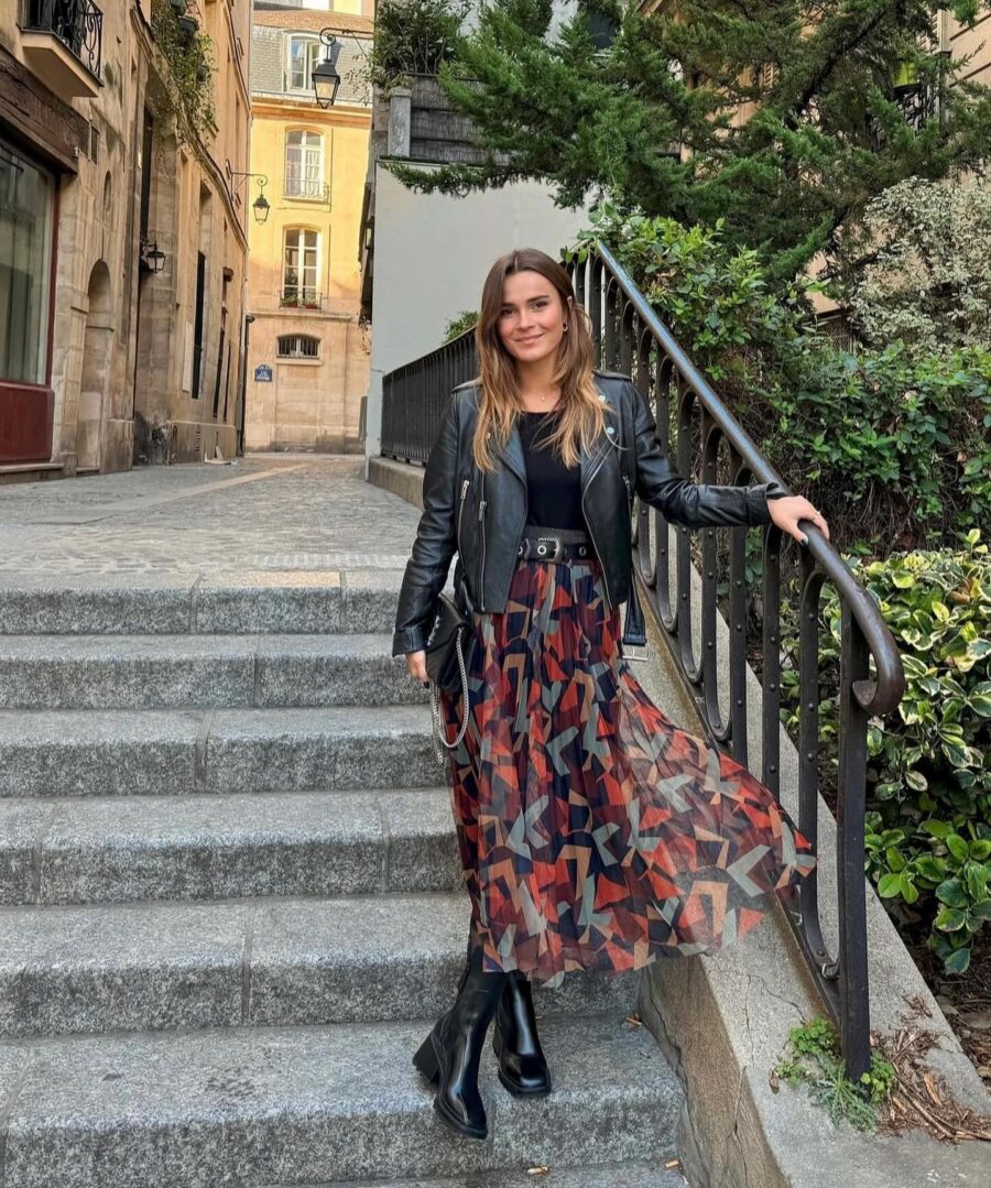 Chic Long Skirt with Leather Jacket Ensemble