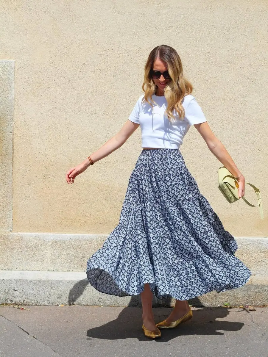 Chic Long Skirt with Casual Top Ensemble