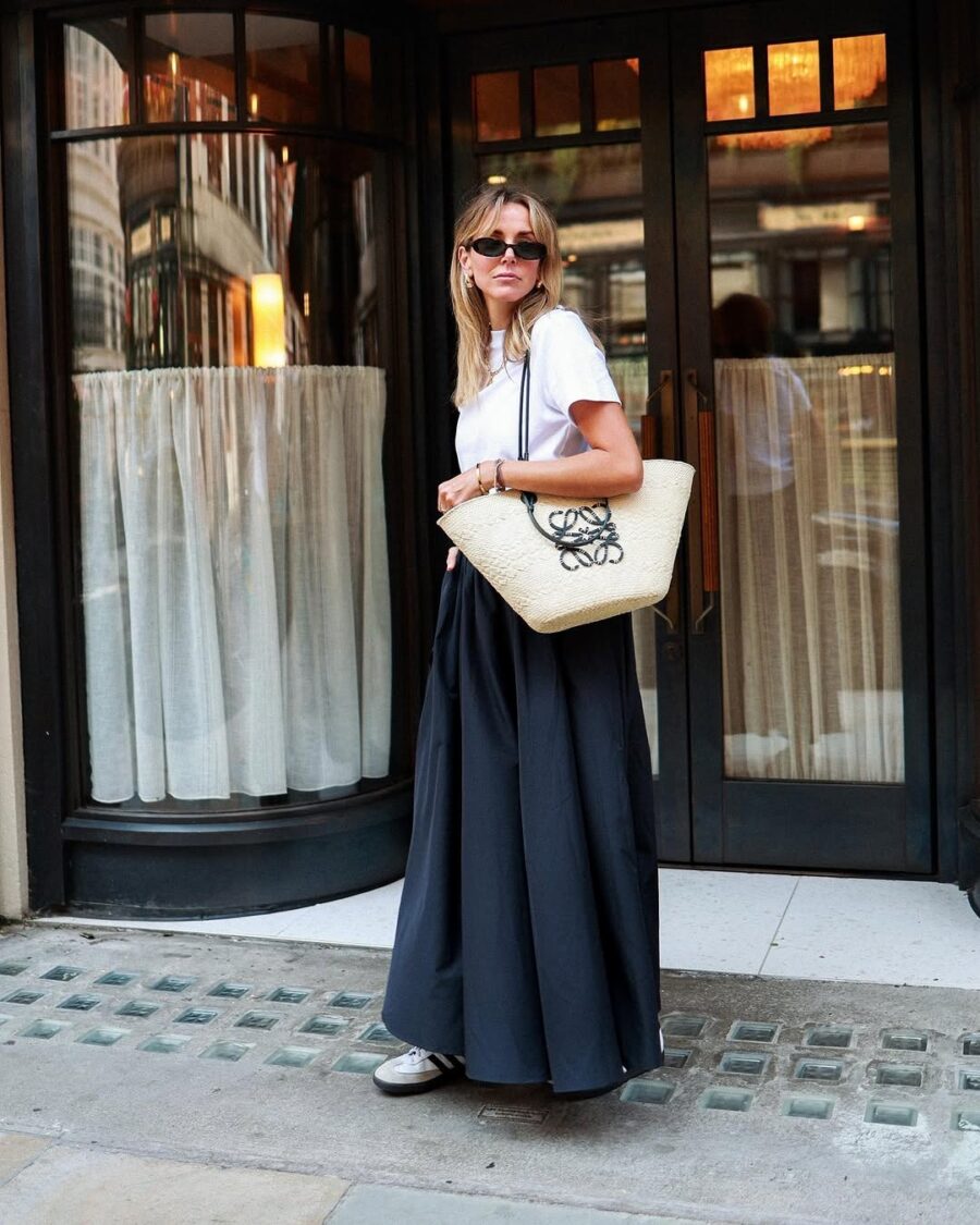 Chic long skirt paired with casual accessories